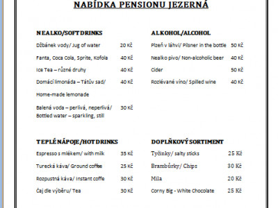 Nabídka Pensionu Jezerná + nápojový lístek